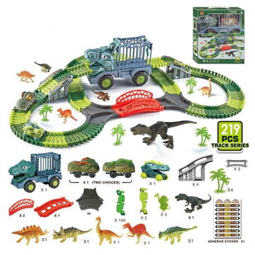 Wonderstone 219 PCS Dinosaur Race Track Set with Dinosaur Transport Truck, Dino Cars & Realistic Dinosaur Figures, Educational Building Toy Gift for Boys Girls Age 3+