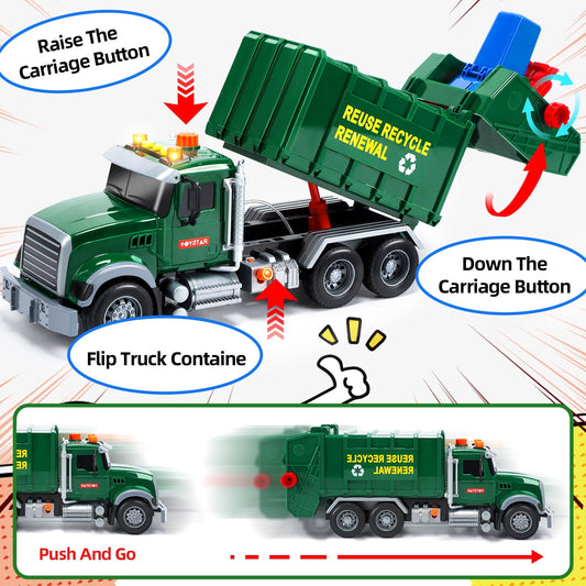 JoyStone Kids Garbage Truck Toy, Friction Powered Recycling Truck with Lights & Sounds, Lift & Rotating Trash Bin Function, 3 Trash Bins, Interactive Toy for 3-8 Years Old