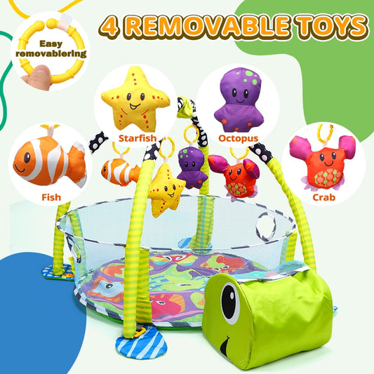 JoyStone 4 IN 1 Turtle Baby Play Gym Activity Mat with 30 Balls, 4 Detachable Sound Toys, Baby Sensory Mat for for Toddler Infant 0-12 Months, Newborn Gift for Boys and Girls, Green