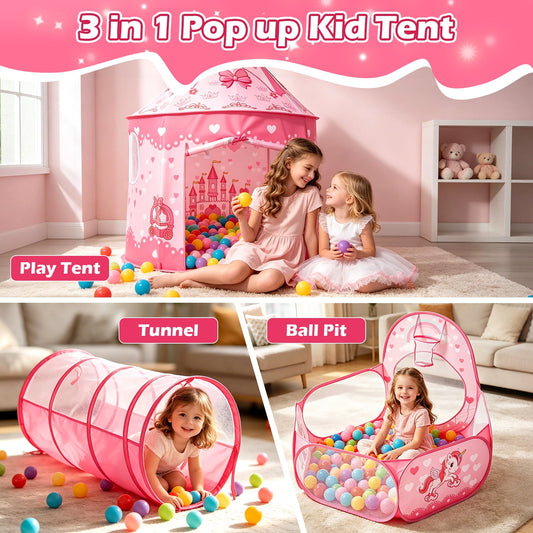 JoyStone 3-in-1 Kids Princess Play Tent with Tunnel & Ball Pit, Pop Up Playhouse for Toddlers, Indoor & Outdoor Toy, Foldable with Carrying Bag, Pink (Balls Not Included)