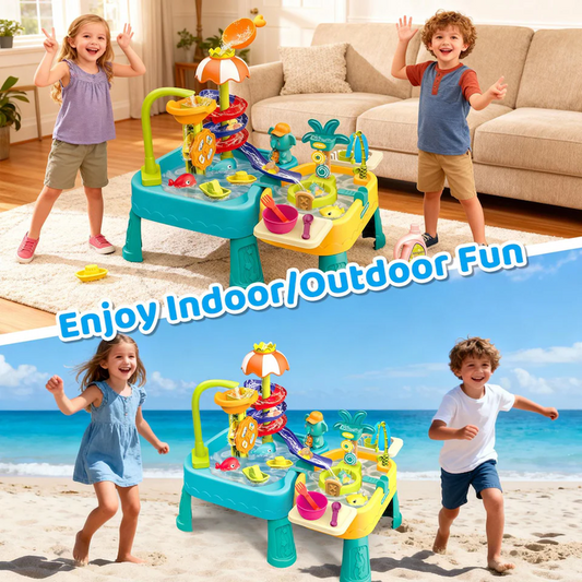 JoyStone 2-in-1 Kids Sand Water Table/Play Kitchen Sink Toys with Real Circulating Faucet, Water Slide Activity Table, Outdoor Sensory Toy for Toddlers Boys Girls