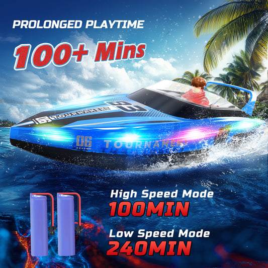 JoyStone 10 inch RC Boat with LED Lights for Adults and Kids - 2.4Ghz Remote Control Boat for Pool and Lakes, Dual Motor & Low Battery Alarm, Gifts for 8-12 Boys Girls(Blue)
