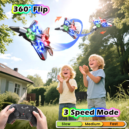 JoyStone Foam Remote Control Airplane, Jet Fighter RC Plane Stunt Drone Toy with LED Lights & 360° Spin, Easy to Fly RC Glider for Kids Adults, Red
