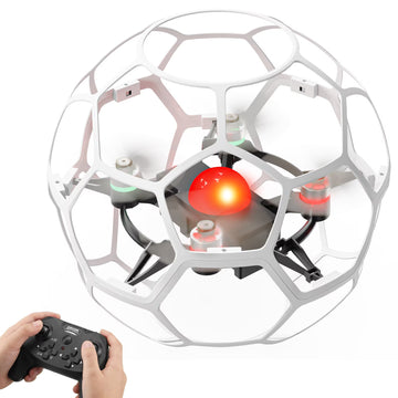 Flying Soccer Drone for Kids, Wefone Quadcopter with 360¡ã Protection, One-Key Takeoff, Headless Mode, LED Light, Anti-Turtle Mode, 1 Battery, White