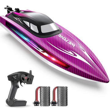 RC Boat for Kids, Remote Control Boats for Lakes and Pools, Wefone WF17 15+ MPH Summer Toys with LED Lights, Demo, 2 Batteries up to 40 Mins, Purple