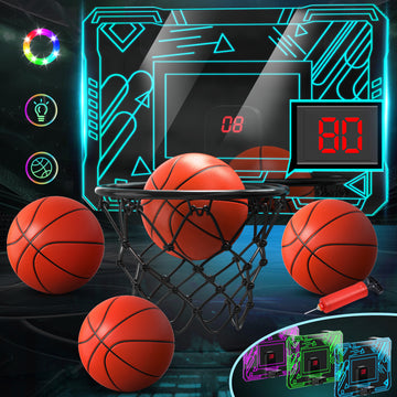 Indoor Mini Basketball Hoop for Kids with LED & Electronic Scoreboard, over The Door Basketball Hoop Toy with Foldable Rim, Birthday Gift for 5-13 Year Old Boys, Clear