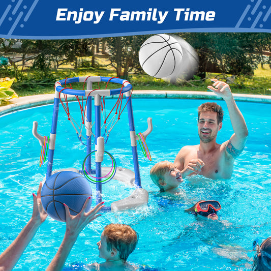 JoyStone 2-in-1 Floating Pool Basketball Hoops & Pool Ring Toss Game, Pool Basketball Toys with 2 Balls & 12 Rings, Inflatable Swimming Pool Toys for Toddlers