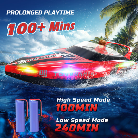 JoyStone 10 Inch RC Boat with LED Lights for Adults and Kids - 2.4Ghz Remote Control Boat for Pool and Lakes, Dual Motor & Low Battery Alarm, Gifts for 8-12 Boys Girls(Red)