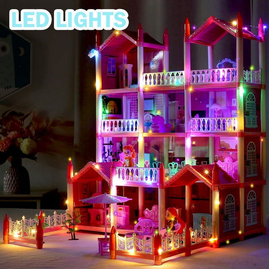JoyStone Doll House for Girls 14 Rooms Playhouse with 3 Dolls Toy Figures, Princess Dollhouse with Furniture & Rooms Accessories & Slide and Lights, Gift Toy for Kids Ages 3-8+, Pink