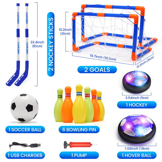 Joystone Hockey Sticks Set, 4-in-1 Hover Soccer Bowling Toy with Rechargeable LED Light Ball, Indoor Outdoor Sports Game for toddlers kids 3-12