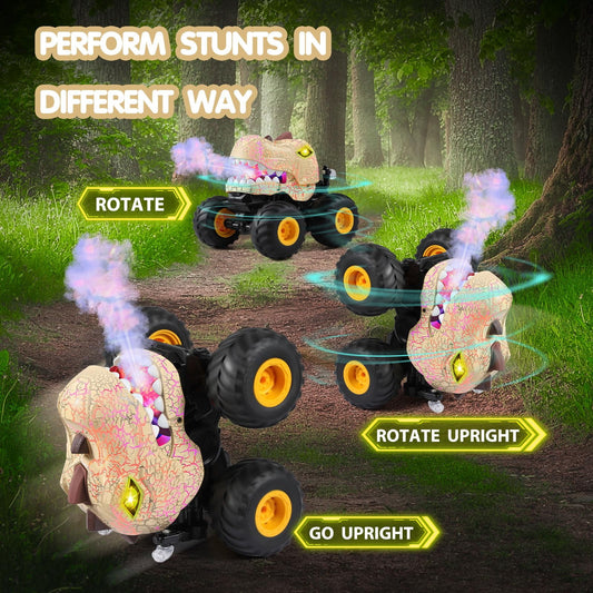 JoyStone Dinosaur RC Car for Kids, Remote Control Monster Truck with Mist Spray, Lights, Music, 2.4GHz All-Terrain RC Truck Toys for Boys and Girls 4-7, Beige