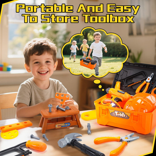 JoyStone 42PCS Tool Set Toddler Beginner Tool Set with Tool Box & Toy Chainsaw & Drill,Pretend Play Toys, Gifts for 3-7 Kids, Yellow