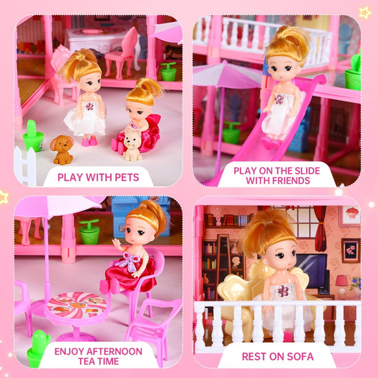 JoyStone Doll House for Girls, 5-Story 19 Rooms Huge Dollhouse Playset with LED Lights, 2 Dolls, Furnitures, Accessories, DIY Pretend Play house Toys Gifts for Kids, Pink