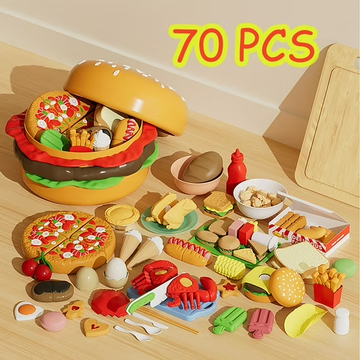 JoyStone 70PCS Pretend Play Food Cutting Toy Set for Kids, Burger Kitchen Toy with Storage Box, Educational Cooking Gift for Toddlers Ages 3+