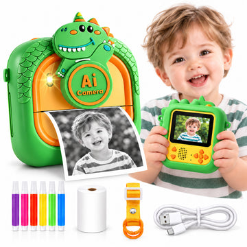 WonderStone Dinosaur Kids Instant Print Camera, 48MP AI Digital Camera for Kids, Selfie Camera Gift for Ages 3-12
