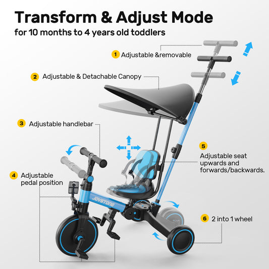 JoyStone 7 in 1 Foldable Tricycle for Toddlers with Adjustable Canopy, Detachable Backrest, Adjustable Seat and Handle and Parental Control Handle, Balance Bike for 1-4 Year Old Boys and Girls, Blue