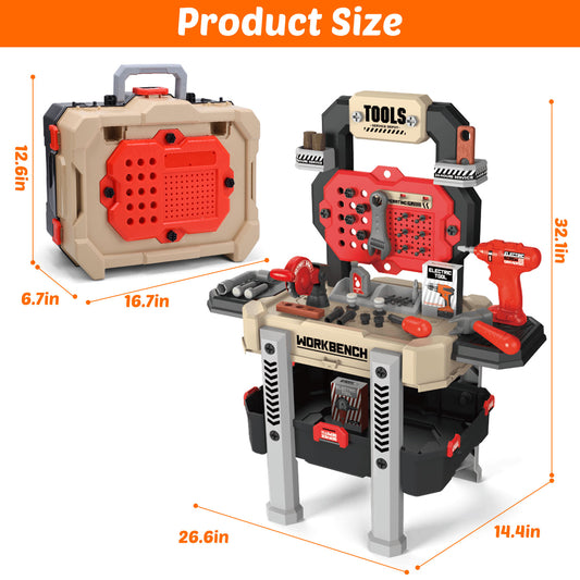 JoyStone 2 in 1 Kids Tool Bench Set,79 PCS Pretend Play Tool Bench for Kids with Tools, Electric Drill, Clothes and Transformable Tool Set, Learning Gift for Boys & Girls Age 3-5,Red