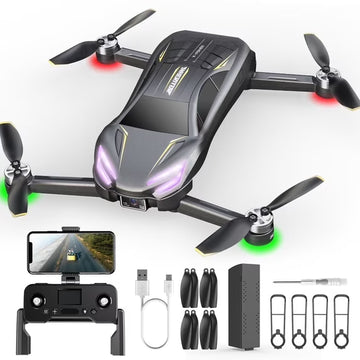 Wefone D12 2-in-1 Racing Car Drone for Kids & Adults with Camera, 6 LED Lights, 2 Adjustable Speeds, Easy to Fly & Crash-Resistant, 2 Batteries, Gray