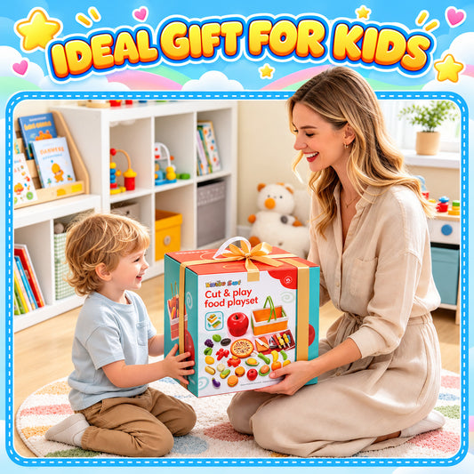 WonderStone 91 Pcs Fake Food Play Set for Kids, Play Kitchen Toys with 2 Picnic Baskets and a Blanket, BBQ Grill, Pretend Fruits and Vegetables, Kitchen Role-Play Toys for Boys and Girls Ages 3+