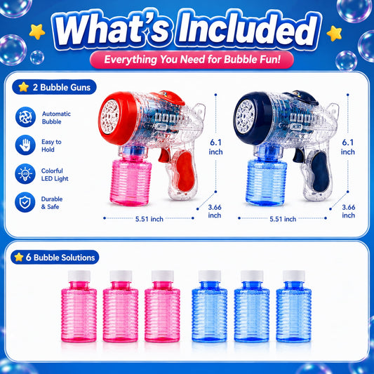 JoyStone 2 Pack Bubble Machine for Kids, Automatic Light Up Bubble Blower with 6 Bottles Refill Solution, Bubble Toys for Kids 3+