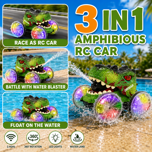 JoyStone Dinosaur Amphibious Remote Control Car for Water & Land with Water Machine, RC Monster Truck Toys with LED Lights, 360° Spins and Drifting for Boys Girls, Green