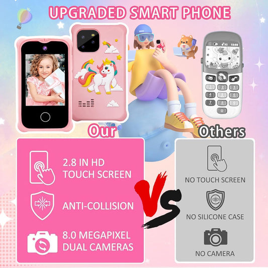 JoyStone Kids Toy Phone, 2.8" Touchscreen Play Phone with Dual Cameras, Music, Games, Learning Functions, Includes 8GB Card, Gift for Girls Ages 3-10
