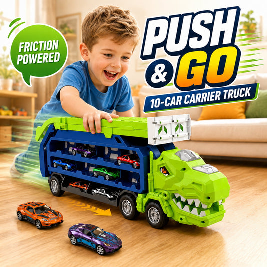 JoyStone Dinosaur Carrier Truck Toy with 10 Die-Cast Cars, Foldable 2 Layer Car Race Track Playset with Car Ramps, Storage Hauler Vehicle for Kids Ages 3-7 Boys Gift, Green