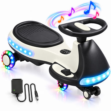 JoyStone 12V Electric Wiggle Car for Kids, 2-in-1 Electric Ride On Swing Car with Pedal, 2 Speeds Up to 5 MPH, Flashing Wheels, Wireless Music, 150 Lbs, Black White