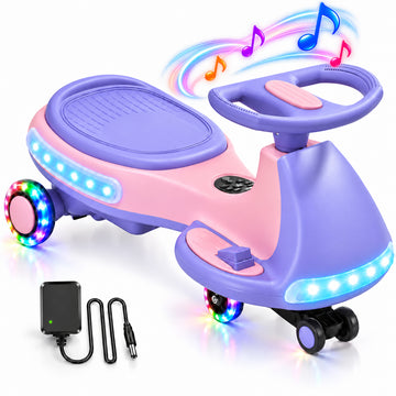 JoyStone 12V Electric Wiggle Car for Kids, 2-in-1 Electric Ride On Swing Car with Pedal, 2 Speeds Up to 5 MPH, Flashing Wheels, Wireless Music, 150 Lbs, Purple Pink