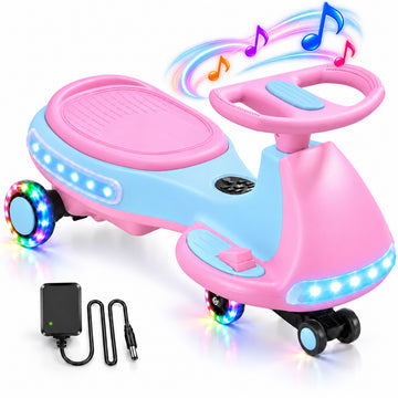 JoyStone 12V Electric Wiggle Car for Kids, 2-in-1 Electric Ride On Swing Car with Pedal, 2 Speeds Up to 5 MPH, Flashing Wheels, Wireless Music, 150 Lbs, Pink Blue