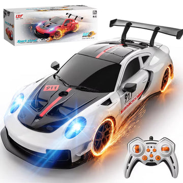 WeFone 1/18 RC Drift Car with Spark Wheels, 2.4GHz High Speed Remote Control Racing Car with LED Lights, Sound Effects, Auto Demo & Parking, 20 Min Rechargeable Battery Toy for Kids Ages 6+