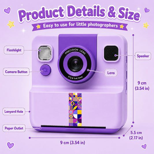 JoyStone Kids Instant Print Camera, Digital Camera for Kids with 180° Flip Lens, 2.4” Screen, 3 Paper Rolls, Birthday Gift for Kids, Purple