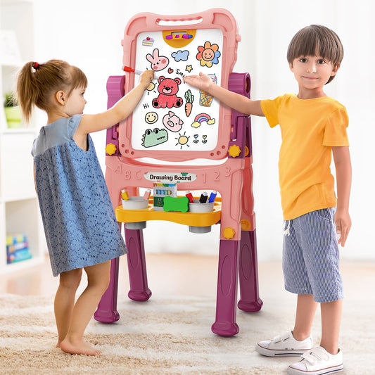 JoyStone Easel for Kids with Magnetic White Board & Chalk Board, 4 in 1 Double Sided Kids Art Easel, Adjustable Standing Toddler Easel with Magnetic Letters & Numbers, Gifts for Kids(Pink)