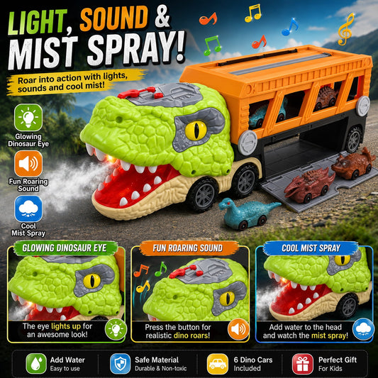 JoyStone Dinosaur Truck Toy, 17 Inch Transport Carrier with Lights, Sounds & Mist Spray, Includes 6 Dinosaur Cars, Gift for Kids Ages 3-7