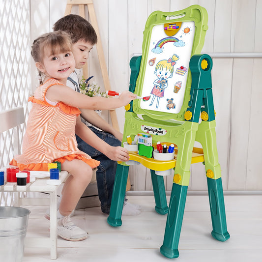 JoyStone Easel for Kids with Magnetic White Board & Chalk Board, 4 in 1 Double Sided Kids Art Easel, Adjustable Standing Toddler Easel with Magnetic Letters & Numbers, Gifts for Kids(Green)