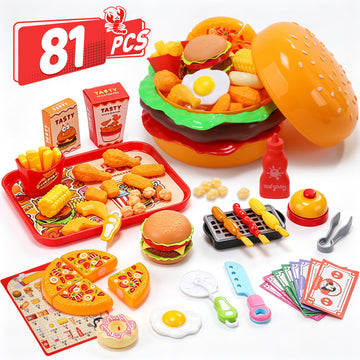WonderStone Upgrade 81 Pcs Kids Kitchen Playset, Pretend Cooking Toy with Fast Food Accessories, Fruits Vegetables, Cookware Set, Role Play Kitchen Toy Gift for Boys Girls Age 3+