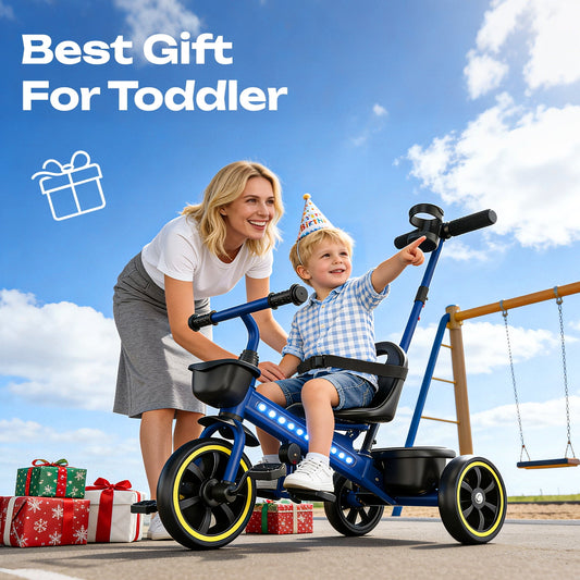JoyStone 2-in-1 Toddler Tricycle, Kids Trike with Parent Push Handle, LED Lights, Adjustable Seat, Storage Basket, Push Tricycle Bike for 1-4 Year Old Boys and Girls, Blue