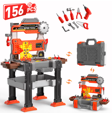 WonderStone 3-in-1 Kids Tool Bench with Electric Toy Drill, 155 PCS Construction Tool Box & Workbench, Mechanic Pretend Play Set, Gift for Ages 4-7, Red