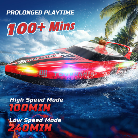 JoyStone 10 Inch RC Boat with LED Lights for Adults and Kids - 2.4Ghz Remote Control Boat for Pool and Lakes, Dual Motor & Low Battery Alarm, Gifts for 8-12 Boys Girls(Red)