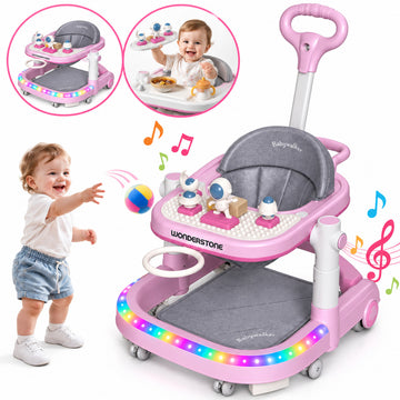 WonderStone 7-in-1 Baby Walker, Foldable Baby Activity Center with Mini Basketball Hoop, Music & Lights, Baby Bouncer Jumper Learning Toy for Boys and Girls Ages 6–12 Months (Pink)