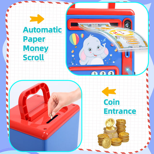 JoyStone Electronic Light&Sound Piggy Bank Toys with Fingerprint & Face Scan Password Code Lock Cash Coin ATM Bank, Red