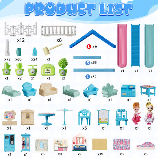 JoyStone Dollhouse with Warm Light, Pretend Play 14 Rooms DIY Playhouse, Kids Doll House with 2 Dolls, Creative Gift for Girls, Blue