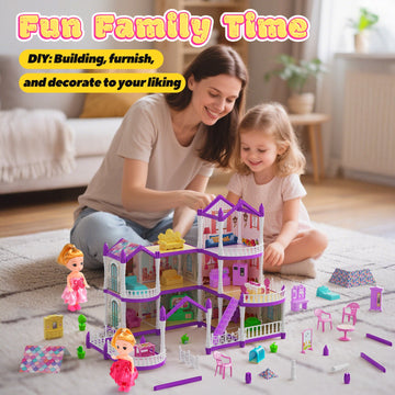 JoyStone DollHouse with Colorful Light and 10 Rooms for Girl, Huge Doll House DIY Pretend Toy, Princess House for Kids Gifts Ages 4-8, Purple