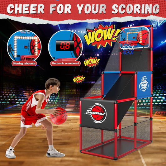 JoyStone Kids Arcade Basketball Game With Electronic Scoreboard and LED Lights, Indoor/Outdoor Basketball Hoop With 4 Balls, Basketball Game Toys Gifts for Boys and Girls (Red)