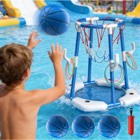 JoyStone 2-in-1 Floating Pool Basketball Hoops & Pool Ring Toss Game, Pool Basketball Toys with 3 Balls & 12 Rings, Inflatable Swimming Pool Toys for Toddlers