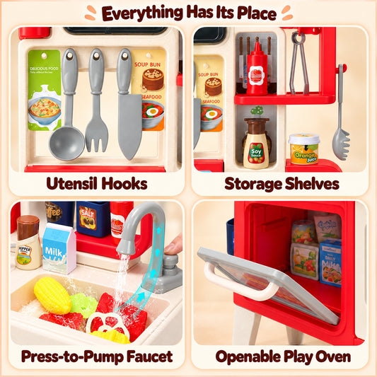 JoyStone 40-Inch Kids Play Kitchen with Lights, Sounds and Steam, Pump Faucet, Oven, 104 Pieces, Ages 3+, Red