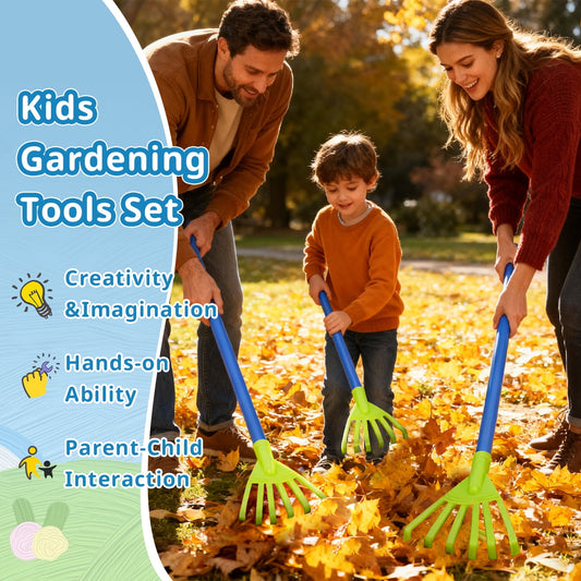 JoyStone Kids Gardening Tools Set, 15 PCS Metal Gardening Set Include Child Safe Rake Shovel with Apron Gloves Watering Can Outdoor Toys Gift for Boys and Girls