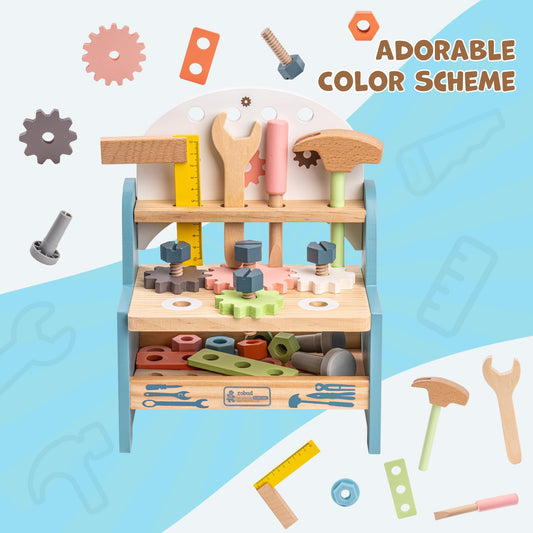 JoyStone Wooden Tool Bench Toy, Mini Workbench Pretend Play Set with Tools & Screws, Develop Fine Motor Skill Toy for Toddlers Ages 3+ Boys and Girls