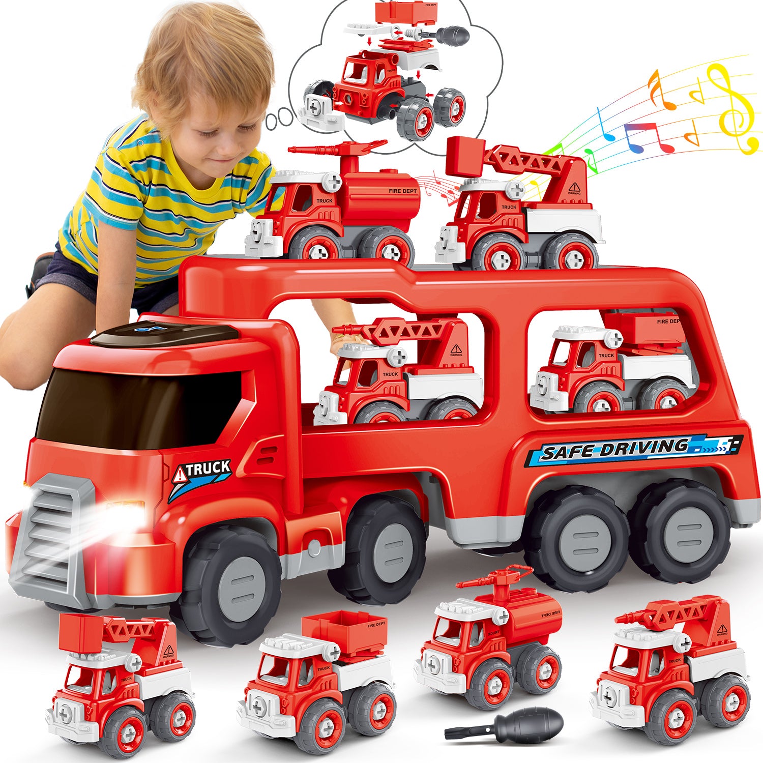 5-in-1 Fire Truck Toy with Light & Sound, Push Cars for Boys Kids 1-8 Birthday Gift
