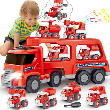 5-in-1 Fire Truck Toy with Light & Sound, Push Cars for Boys Kids 1-8 Birthday Gift